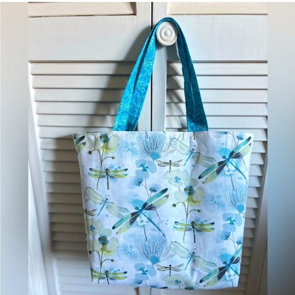 Handmade Dragonfly Print Tote Bag Colorful All Purpose Market Shoulder Purse - Picture 1 of 8